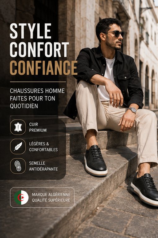 Homme assis sur des marches en ville, portant la basket noire MedinaSole